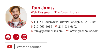 web designer email signature with YouTube button