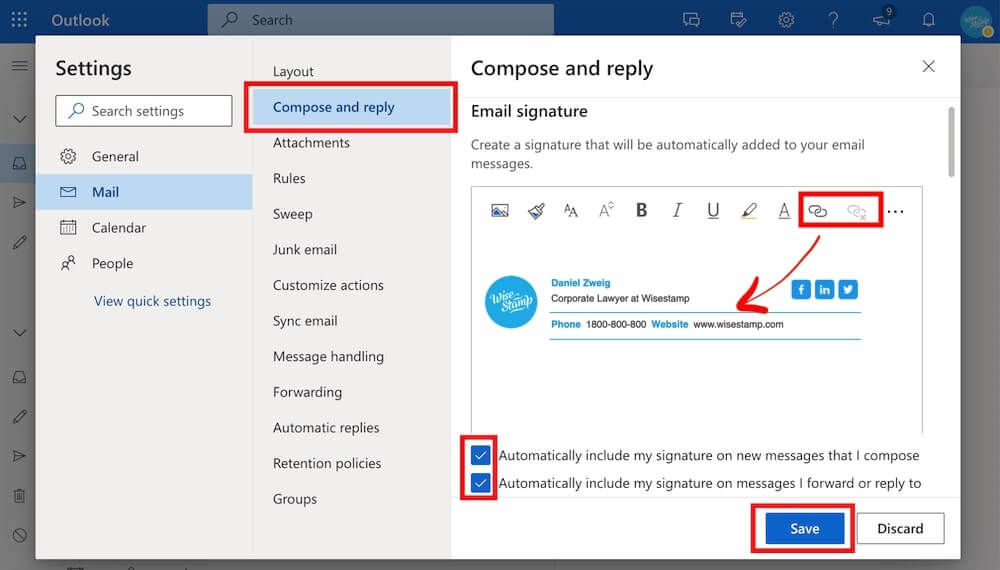 Add hyperlink to email signature in Outlook 365 and OWA - step 2
