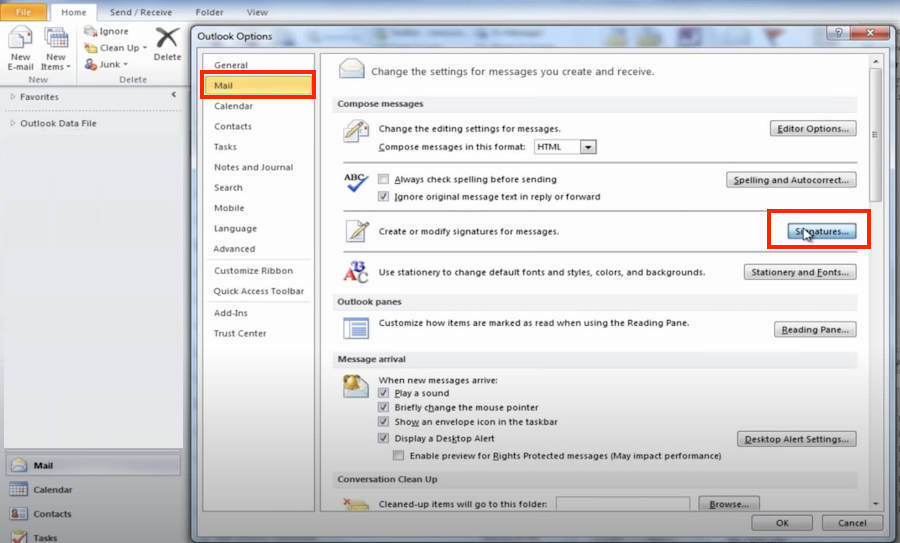 How to add a signature in Outlook 2010 - step 2