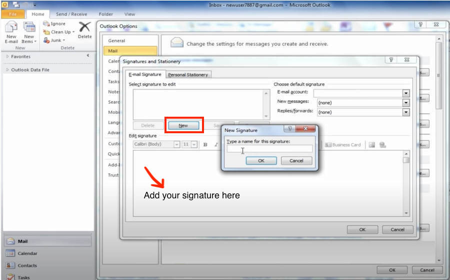 How to add a signature in Outlook 2010 - step 3