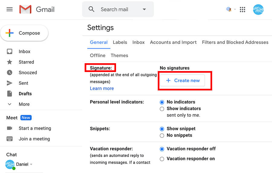 Gmail - Add new Gmail signature - step 1