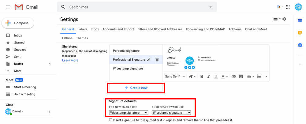 Gmail - create multiple gmail signatures - set default signatures