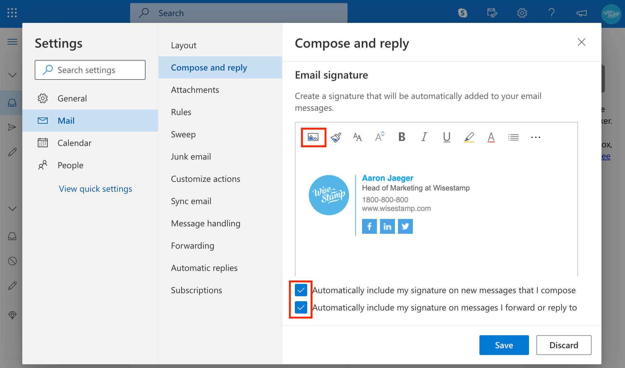 add email signature in Outlook 365 web app - add image or logo - wisestamp