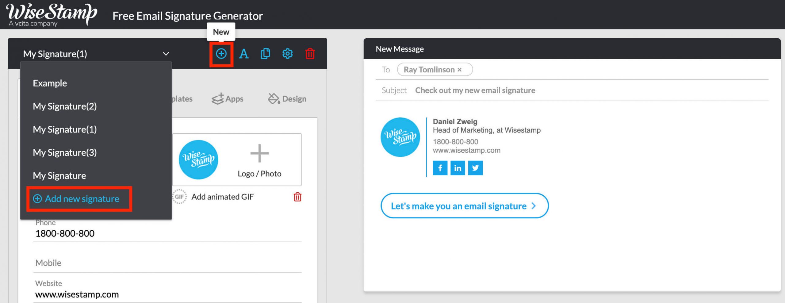 create multiple email outlook 365 signatures using wisestamp - add more than one signature