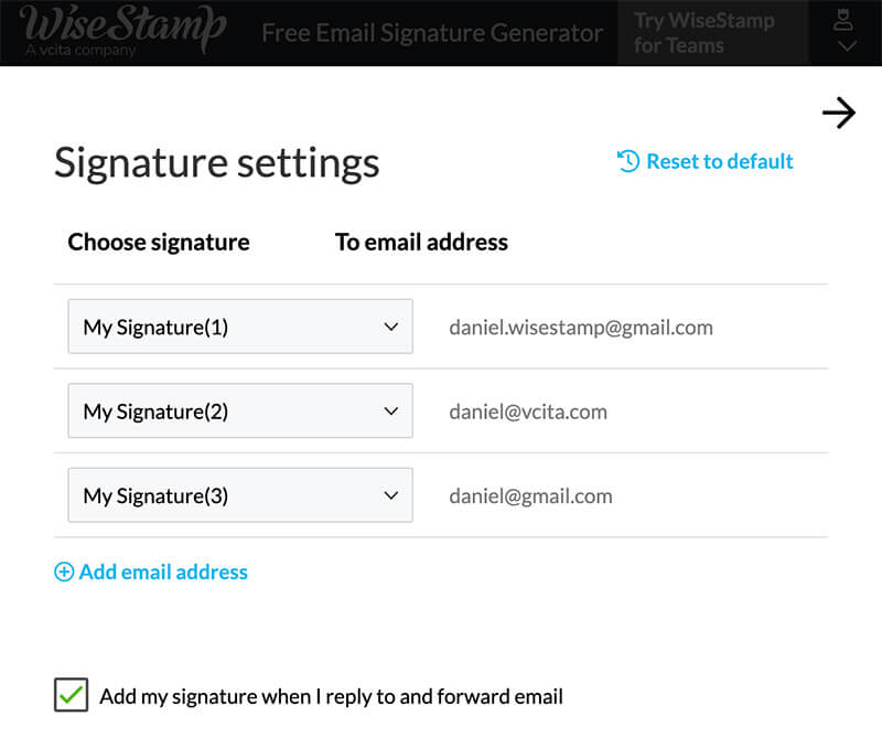 set up multiple signatures for different email accounts with Wisestamp email signature generator