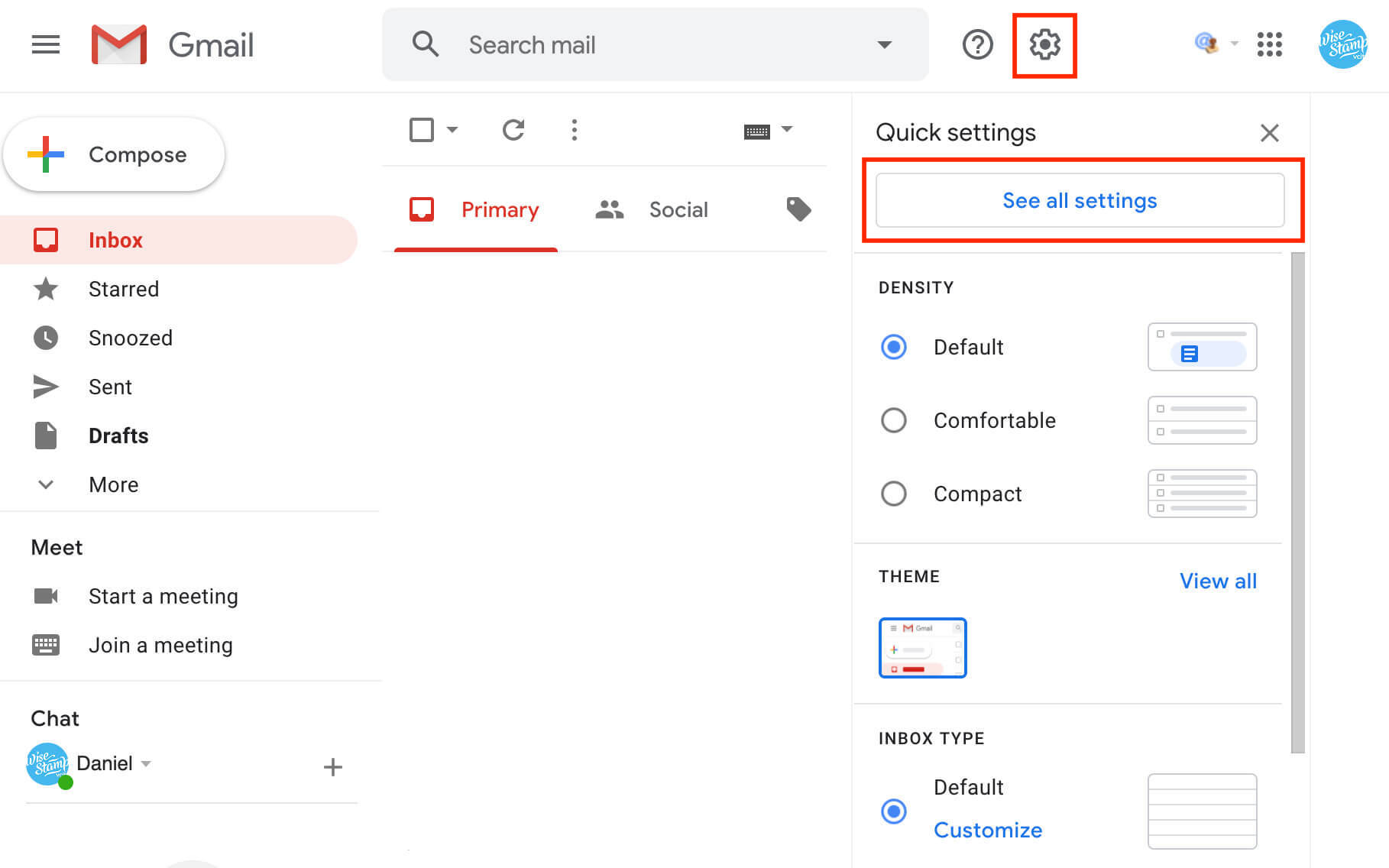 Add email signature in Gmail - Step 1 - open Gmail Settings