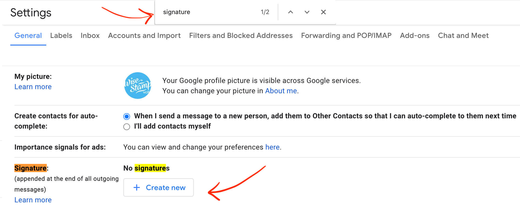 Add email signature in Gmail - Step 2 - Add new Gmail signature