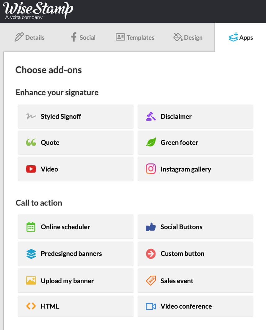 Wisestamp email signature editor add-ons and CTA options