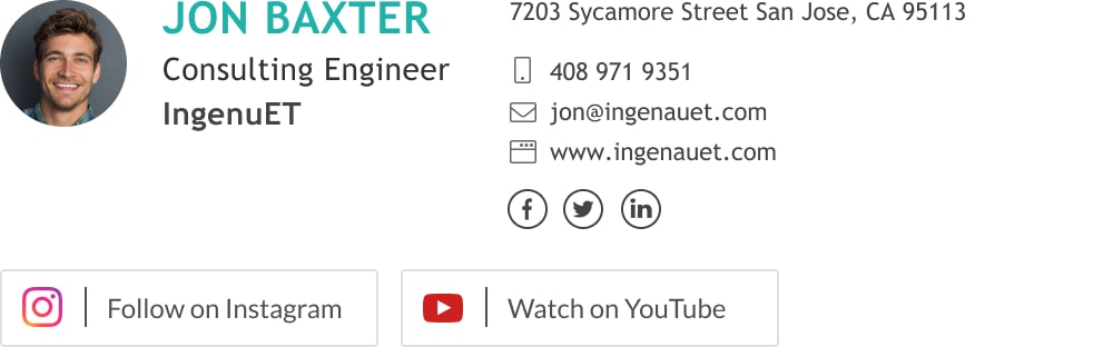 Basic email signature design for Consulting Engineer with Instagram and Youtube links