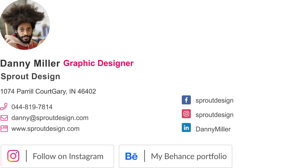 Basic graphic designer email signature footer layout with Instagram and behance buttons