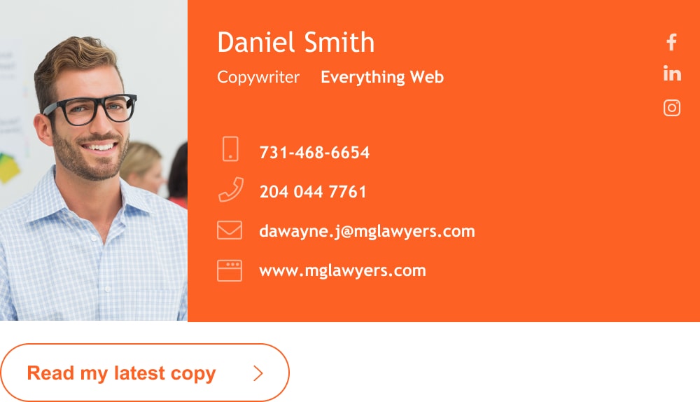 Blogger and copywriter email signature with custom button-min