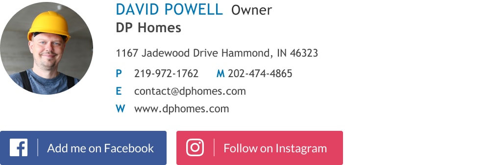 Contractor email signature template with facebook and instagram buttons