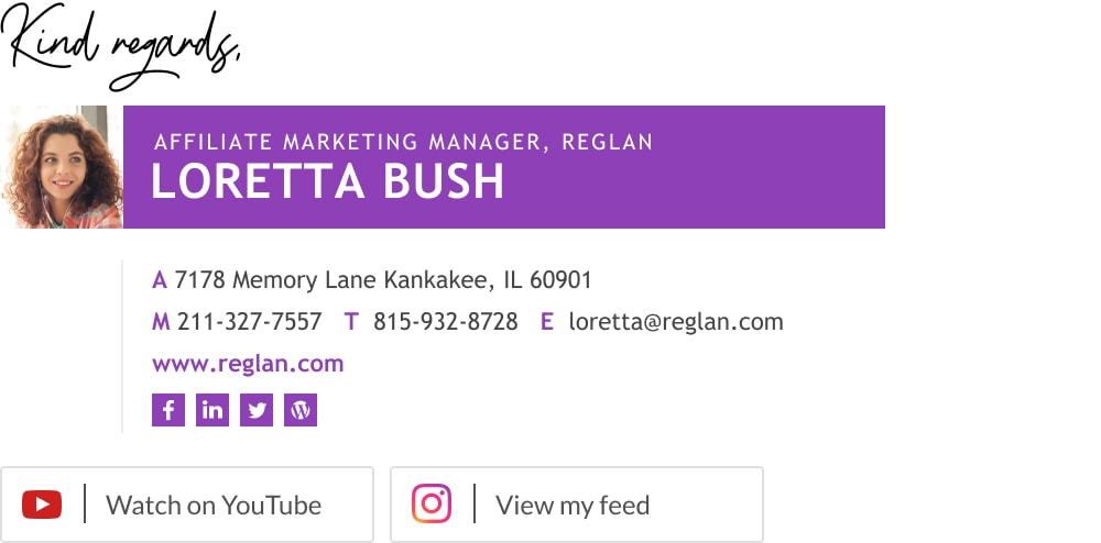 Cool personal affiliate marketing manager email signature with social media buttons