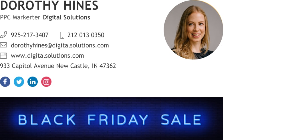 Digital marketing email signature with black friday banner