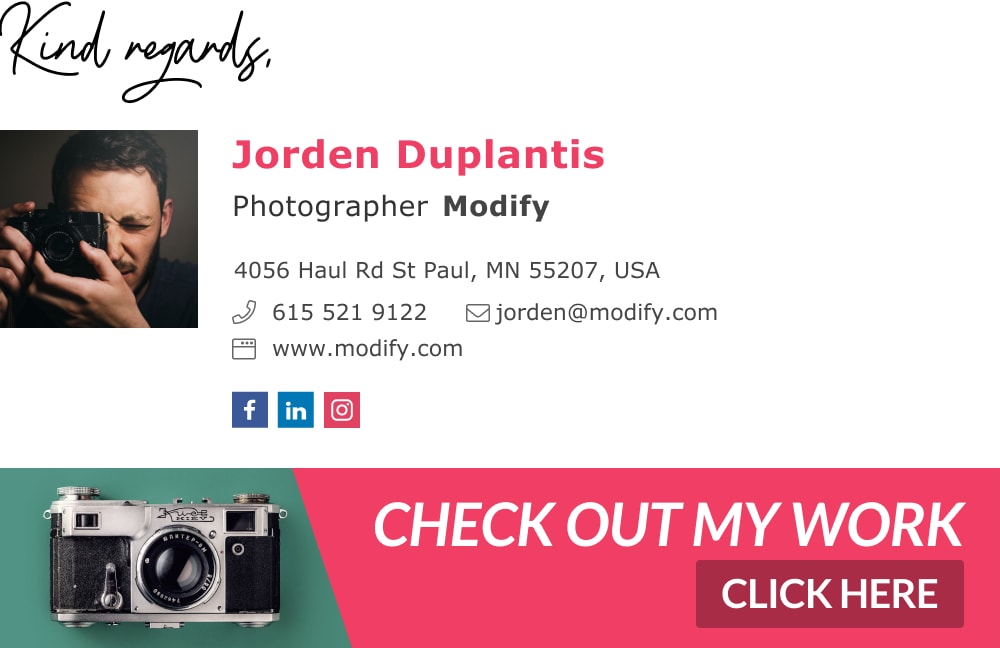 Free email signature template for photographers with call to action banner