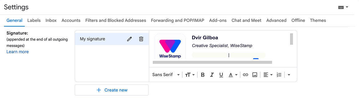 Gmail's in app signature editor allows adding basic design and features