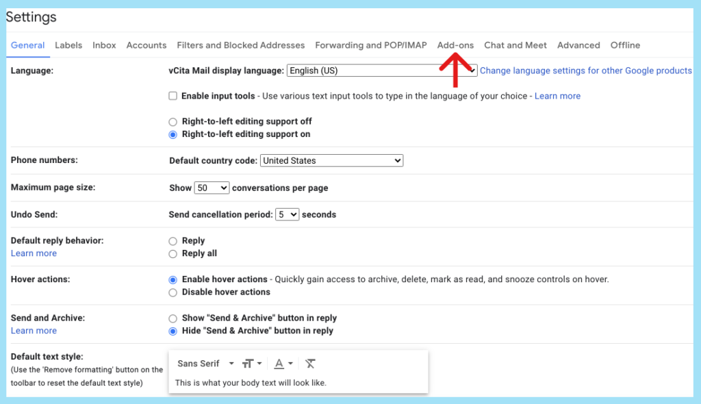 emails setting arrow pointing at addons 