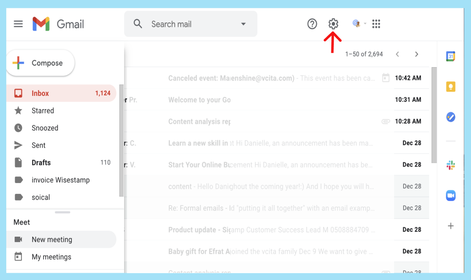 gmail inbox arrow pointing at settings icon