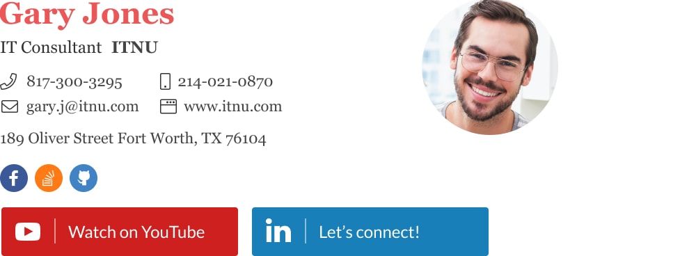 IT consultant social media email signature with Linkedin button