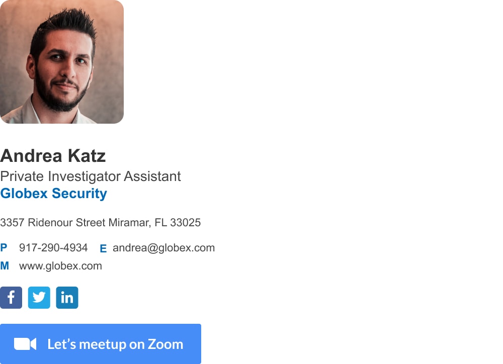 Minimalist assistant email signature template with Zoom meetup button