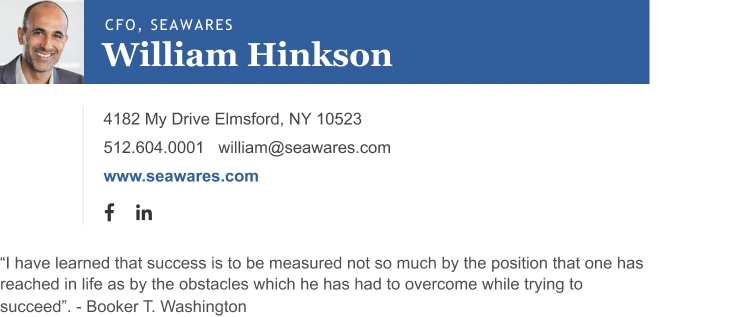 Modern CFO - manager Gmail email signature example with quote