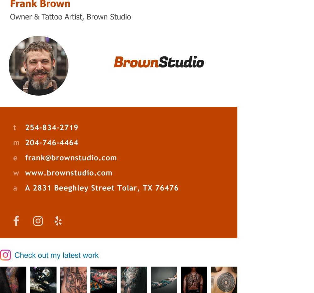 Modern business owner emial signature example with Instagram gallery