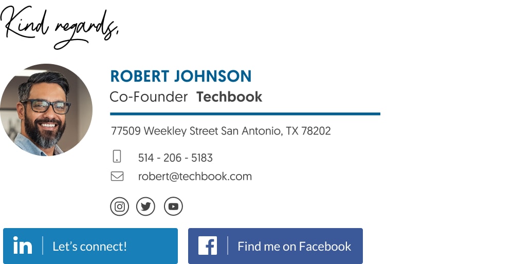 Simple co-founder email signature template with social media buttons