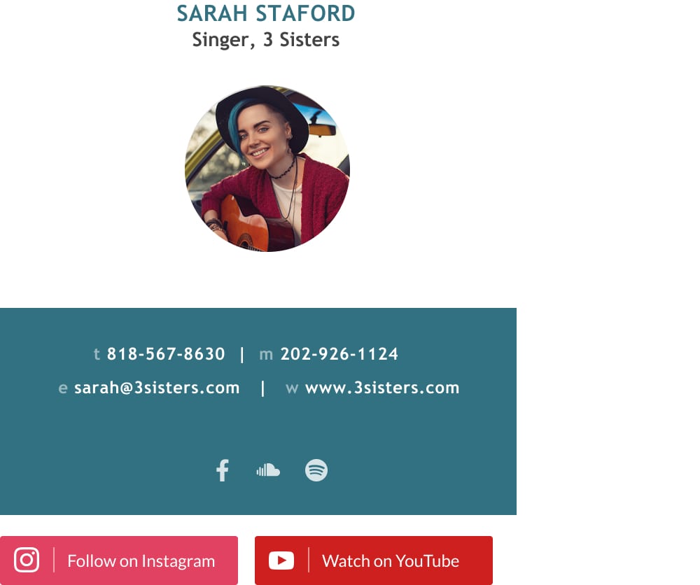 Singer song writer email signature example with Instagram and Youtube buttons-min