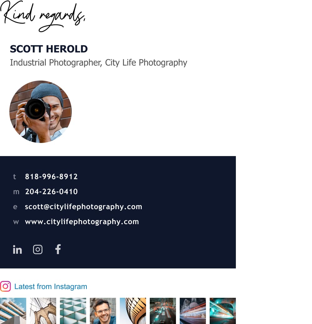 compact photographer email signature template with Instagram gallery