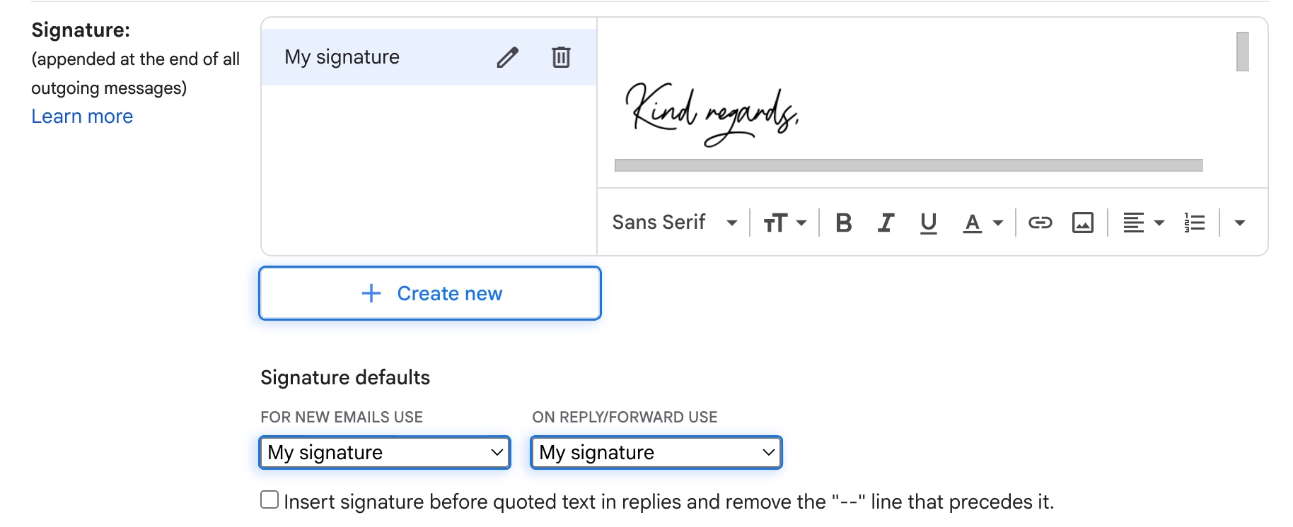 Gmail - create multiple Gmail signatures set as default
