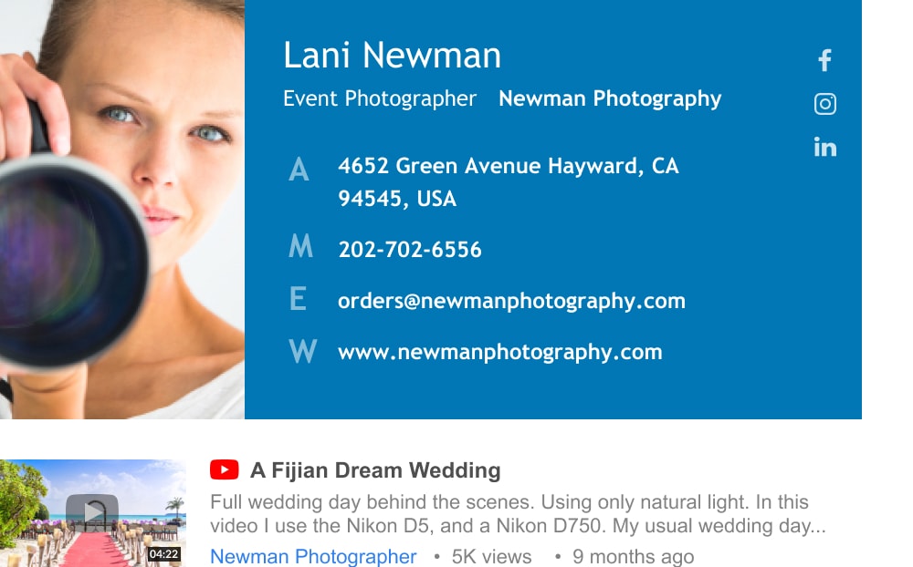 event photography email signature example with youtube link