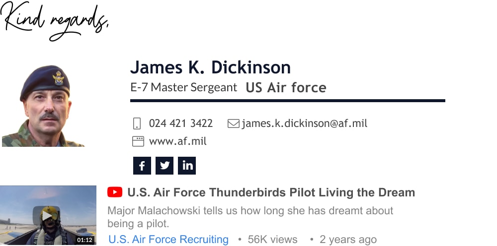 example of army email signature with a youtube video