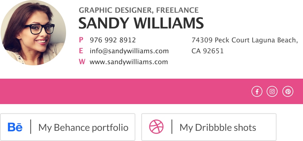 graphic design email signature template with behance and dribble buttons