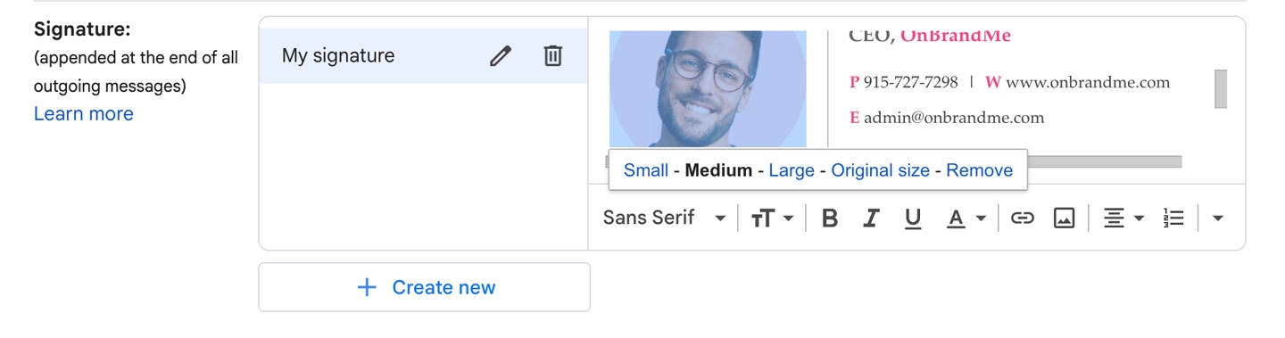 Highlight image in Gmail signature to resize