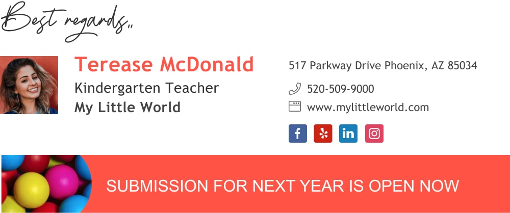 kindergarten teacher email signature with a banner