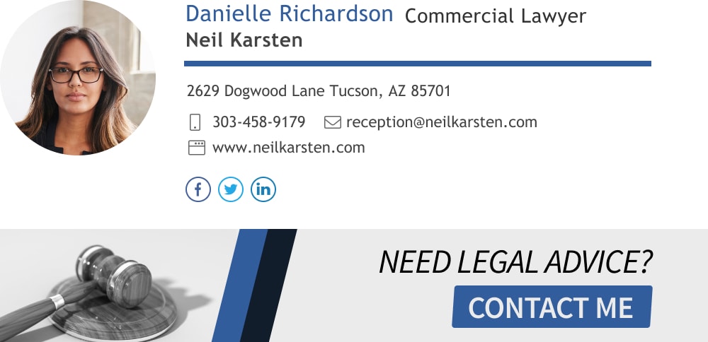personal lawyer email signature example with social media icons and CTA