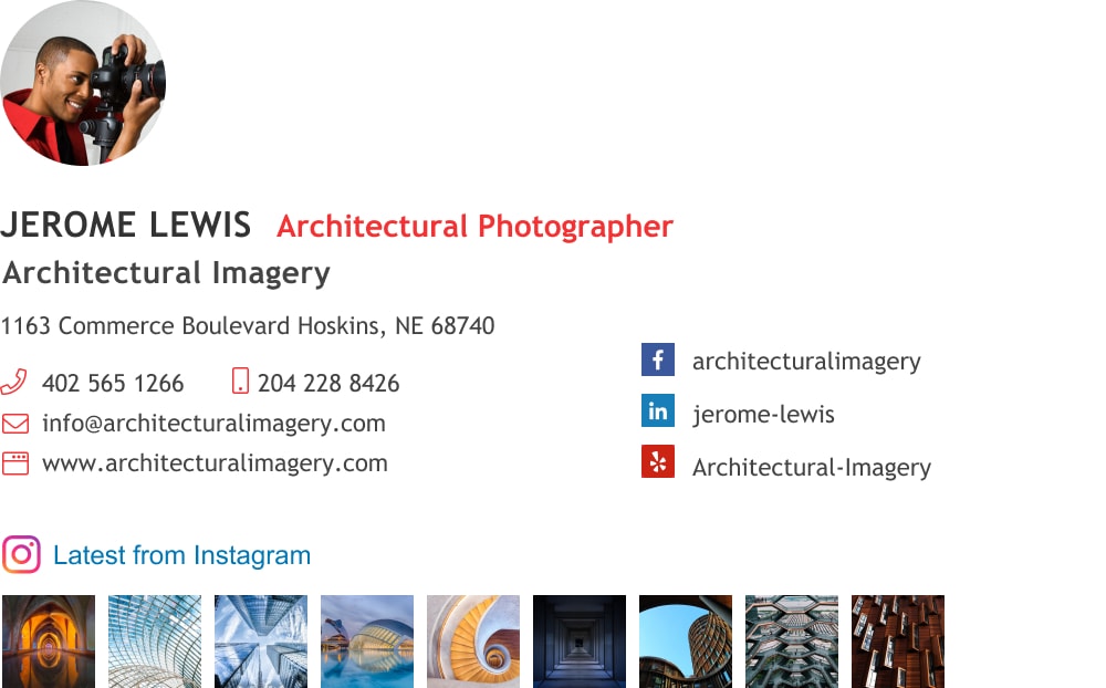 professional photographer email signature example with Instagram images