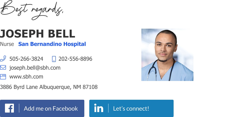 registered nurse email signature with social media buttons