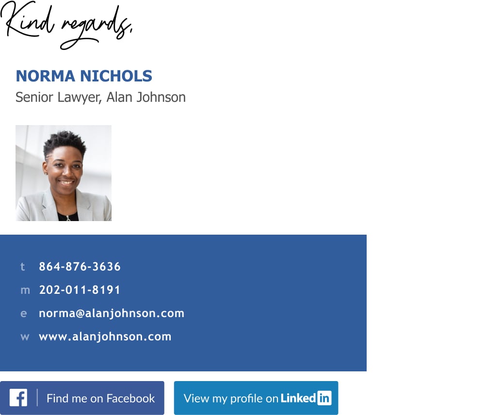 senior lawyer email signature template with social media buttons and modern design