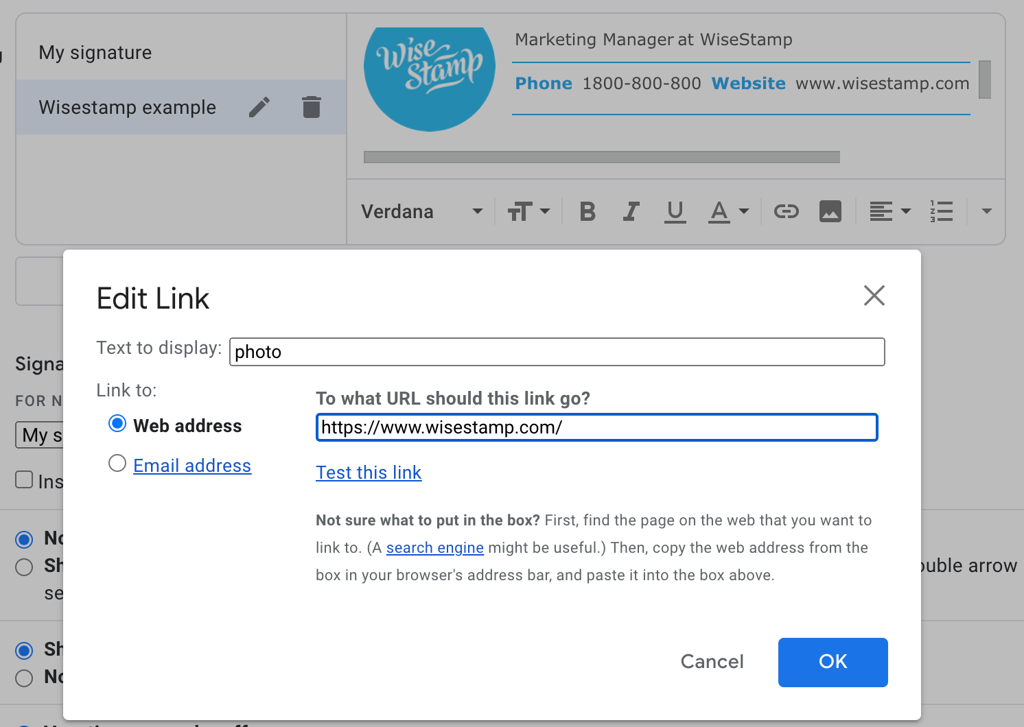 Add hyperlink to image in Gmail signature