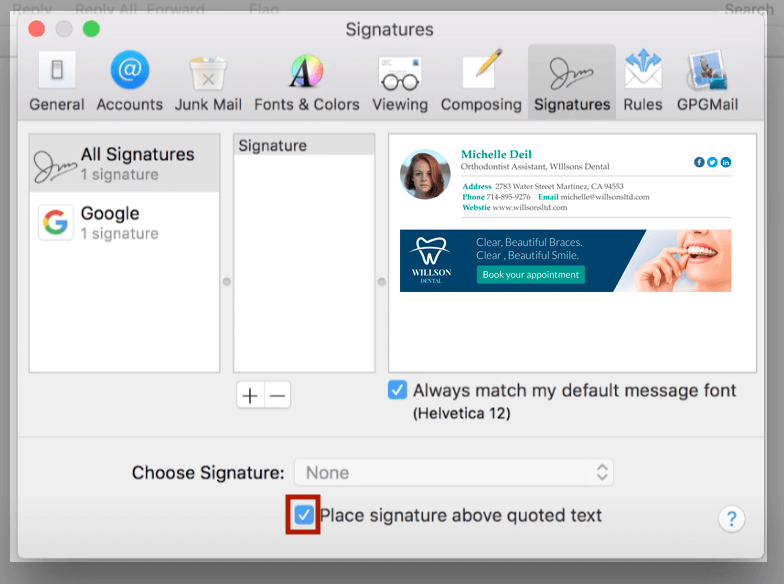 add signature in mac mail - step 6 - set default signature