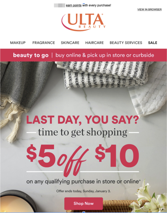 Ulta email example for Email Deliverability