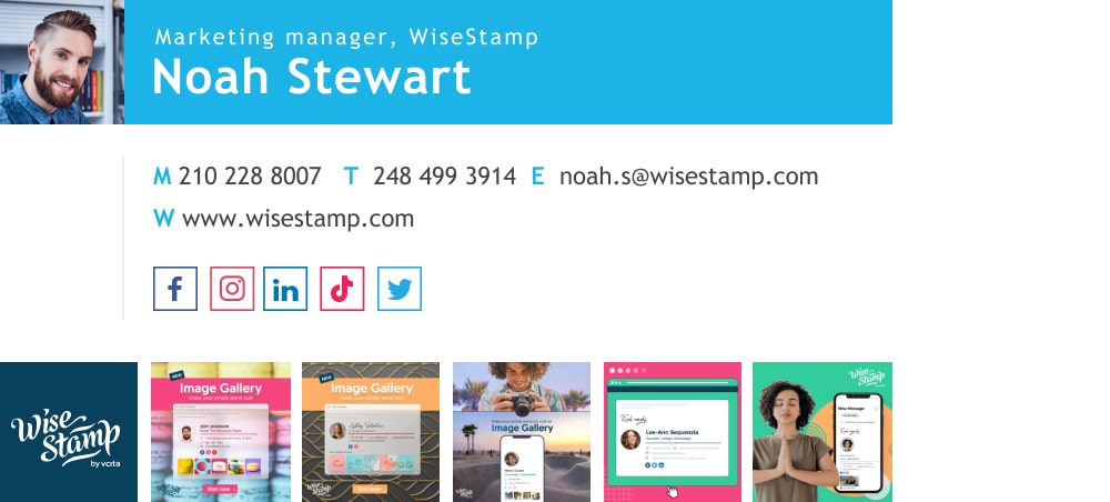 Outlook 365 email signature with image, logo, and social icons