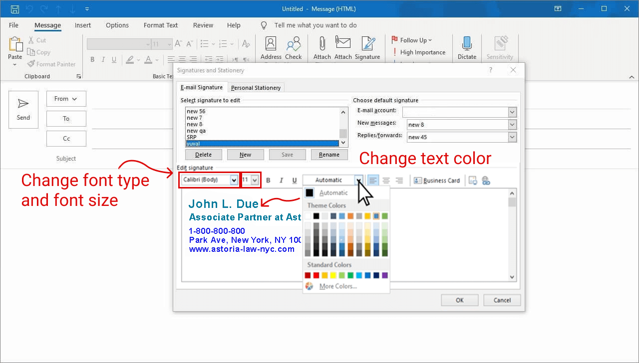 Edit signature in Outlook - change design color, fornt size and font type