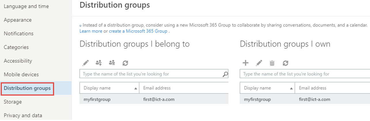 From the Settings page, click on General and choose “Distribution groups” to reveal existing distribution groups.