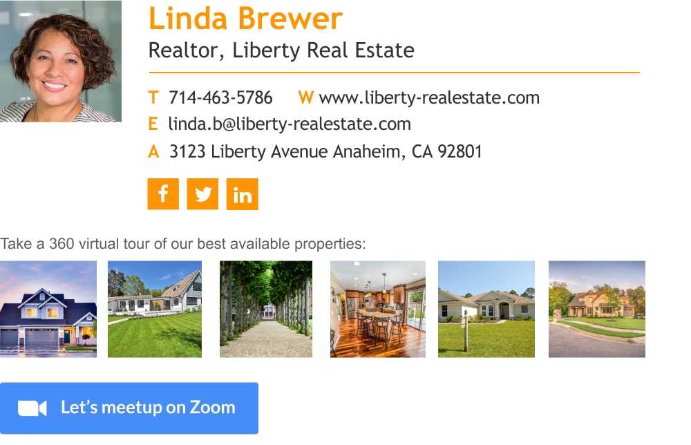 realtor email signature with image gallery and virtual meeting button
