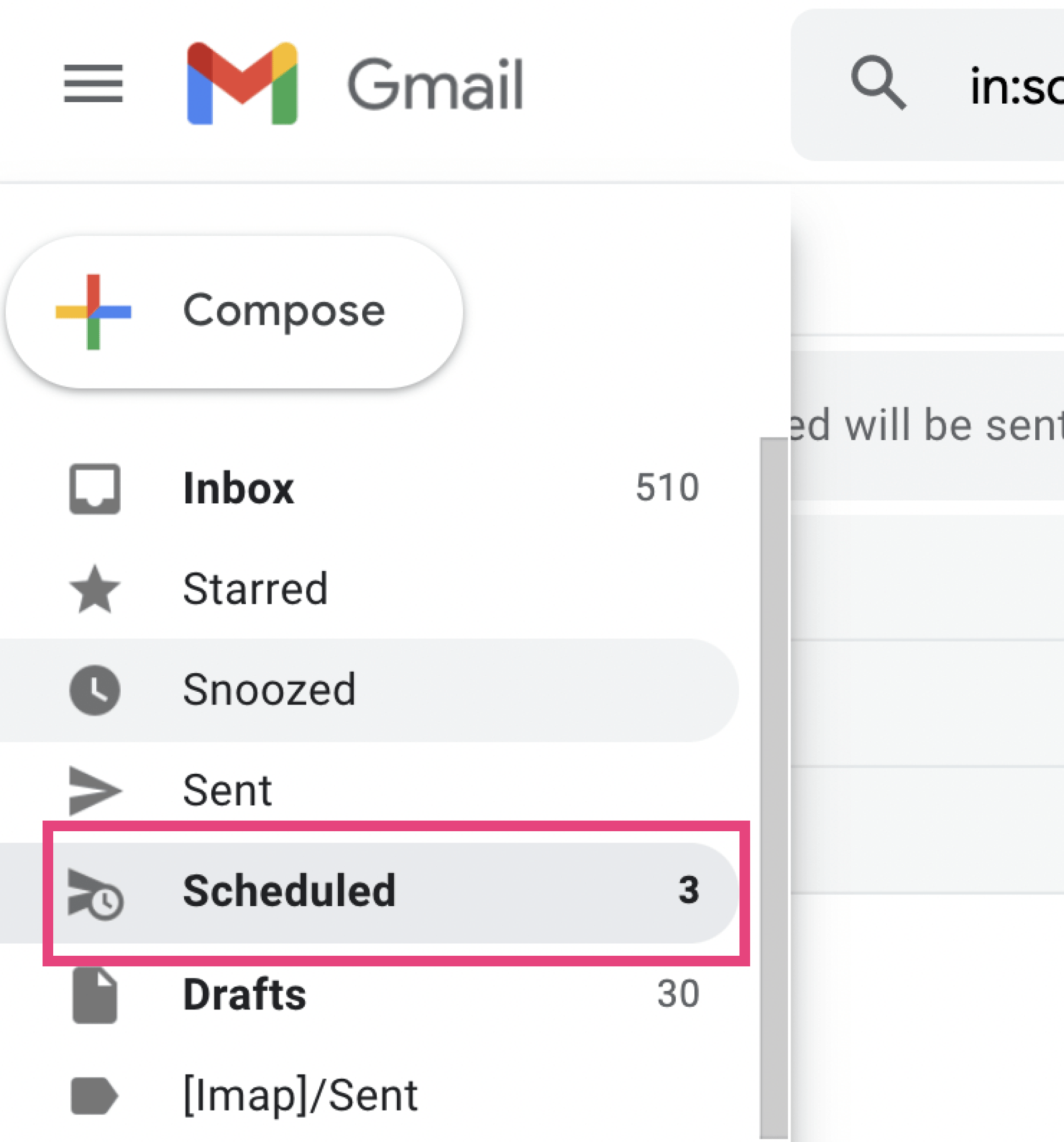 Click on the “Scheduled” option from the main menu on the left-hand side of your mailbox-min