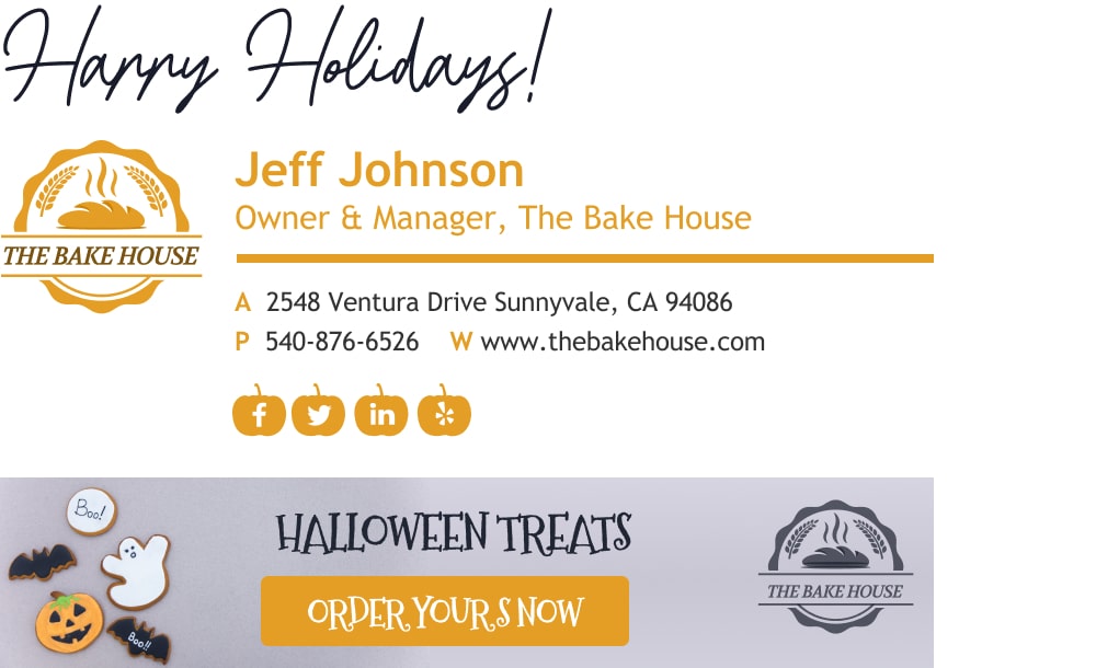 happy holidays email signature with sign off and holiday sales banner