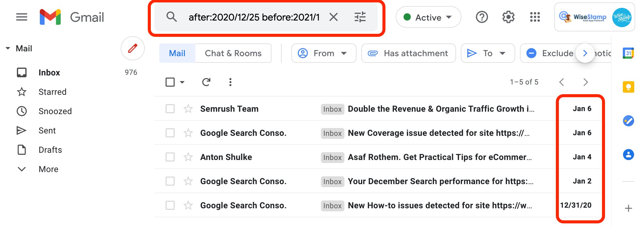 sort gmail inbox by date before and after