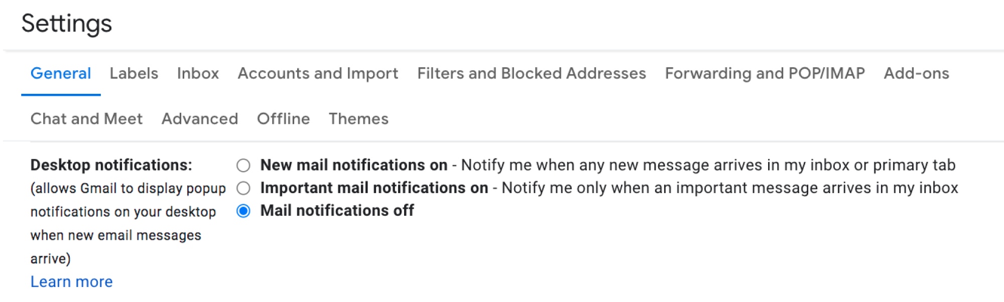 From the General tab, navigate to the Desktop notifications section
